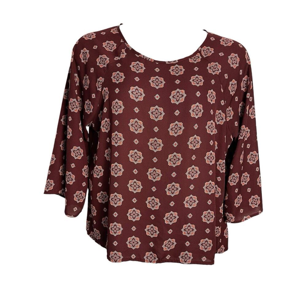 Paper Moon Shirt Women’s XXL Burgandy Floral 3/4 Sleeve Zip‎ Up Back Scoop Neck